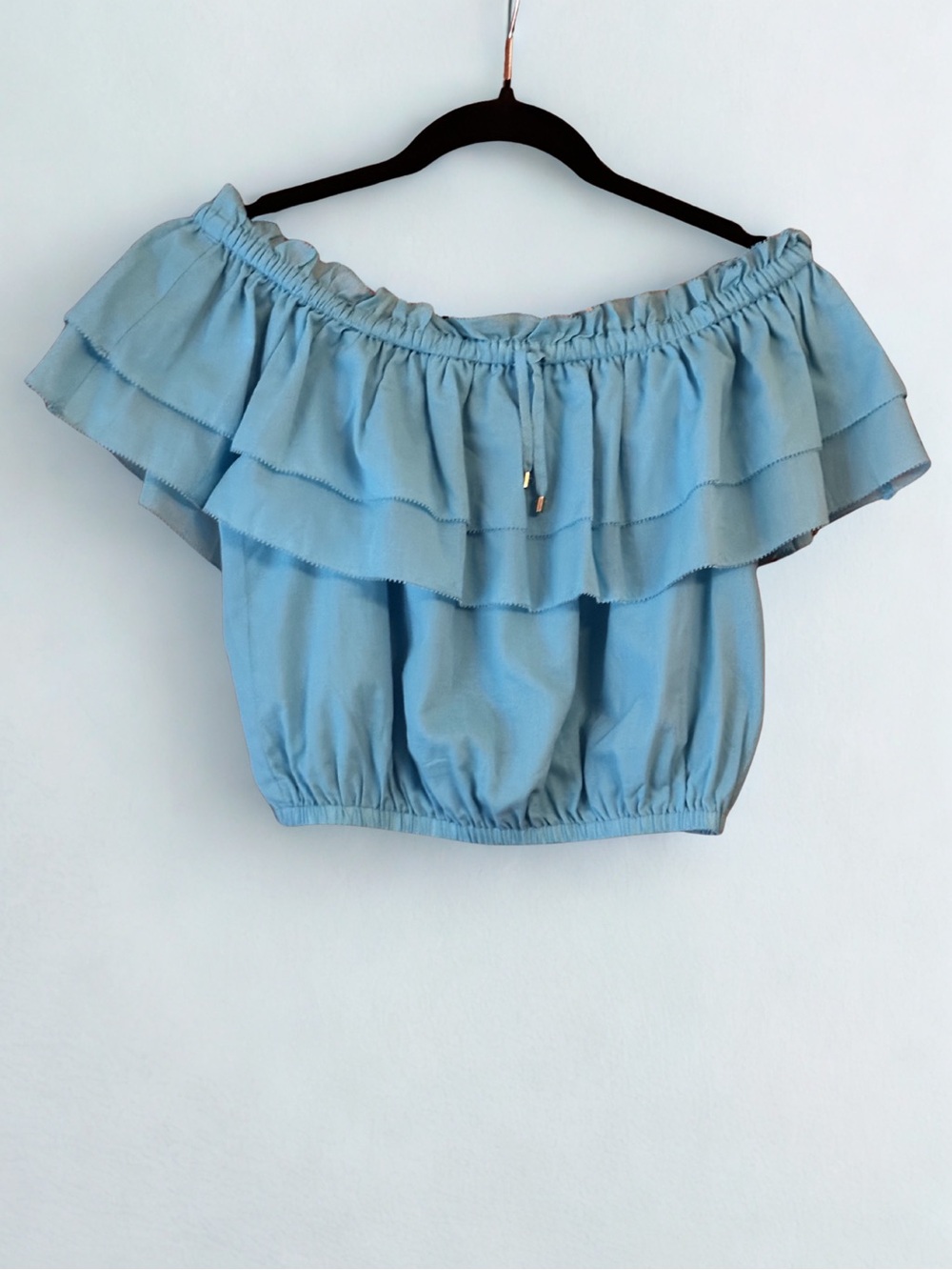 NWT Trina Turk Solange 2 Off-The-Shoulder Ruffle Top Turquoise Blue XS